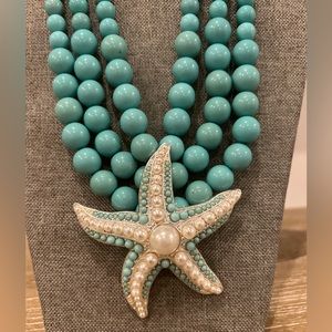 Turquoise Aqua Blue and Pearl Starfish Necklace